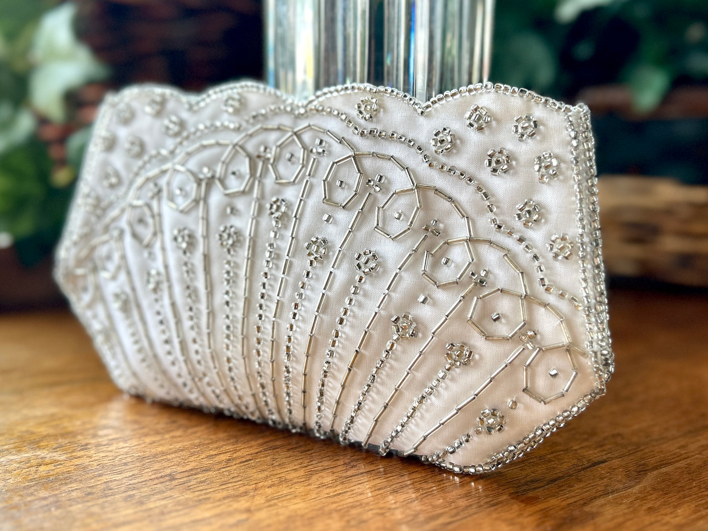 Vintage Beaded Clutch, 1950s La Regale White Satin Purse w Silver Beading, 8"Long