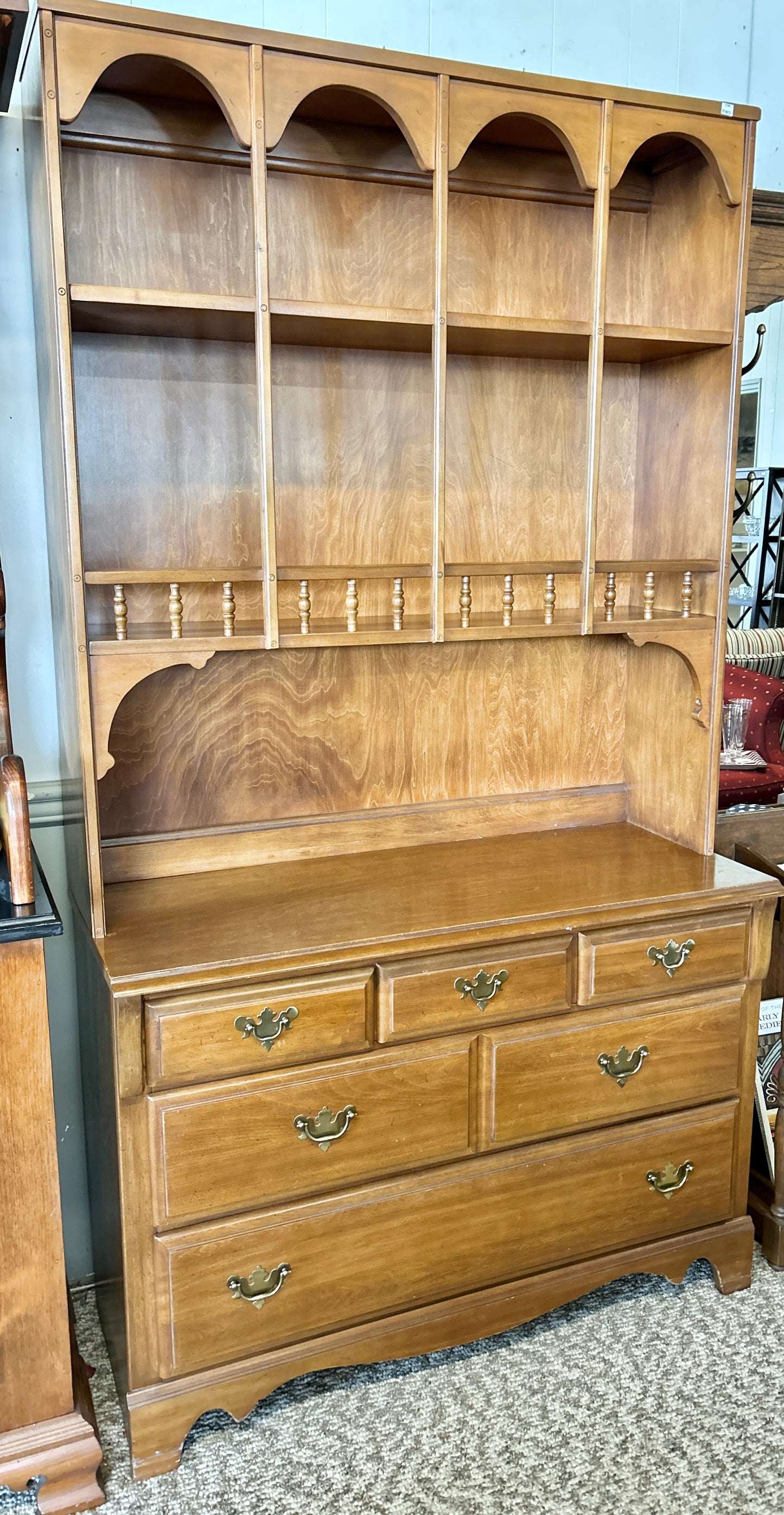 Vintage, Solid Wood Hutch with 5-Drawer Dresser Base and Bookshelves