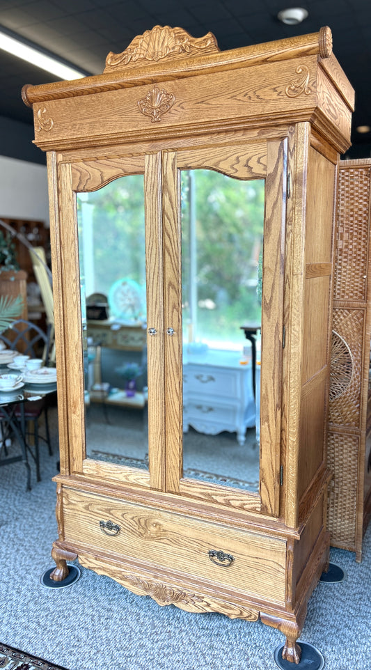 Beautiful, Vintage Oak Armoire with Beveled Glass Mirrors, 86" Tall