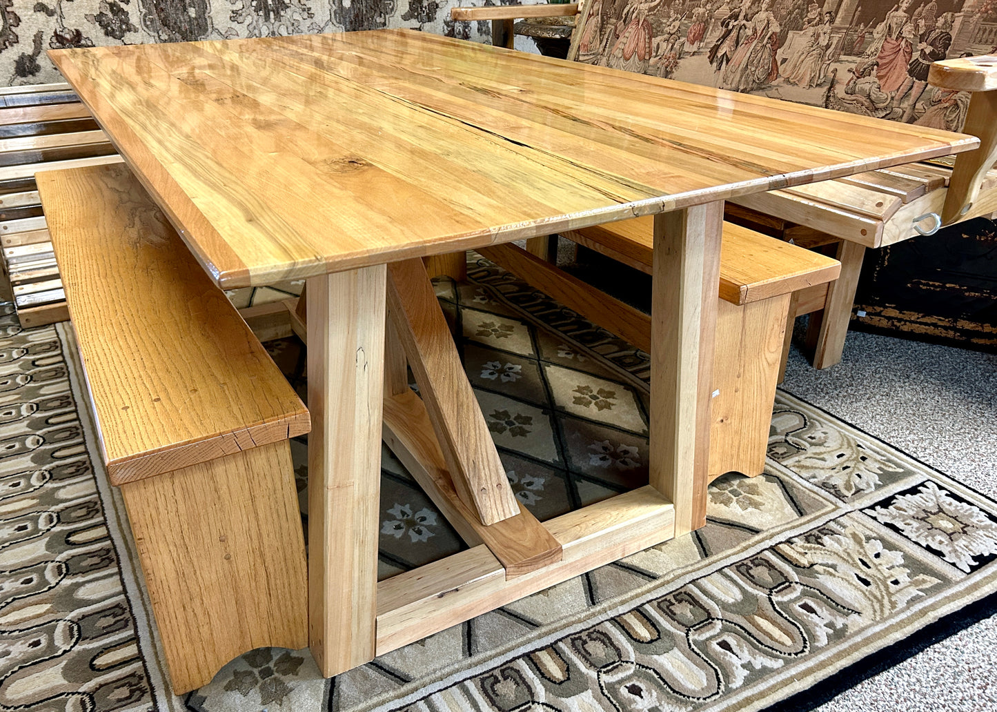 Solid Oak Picnic Dining Table and Benches, Handcrafted, 80" Long