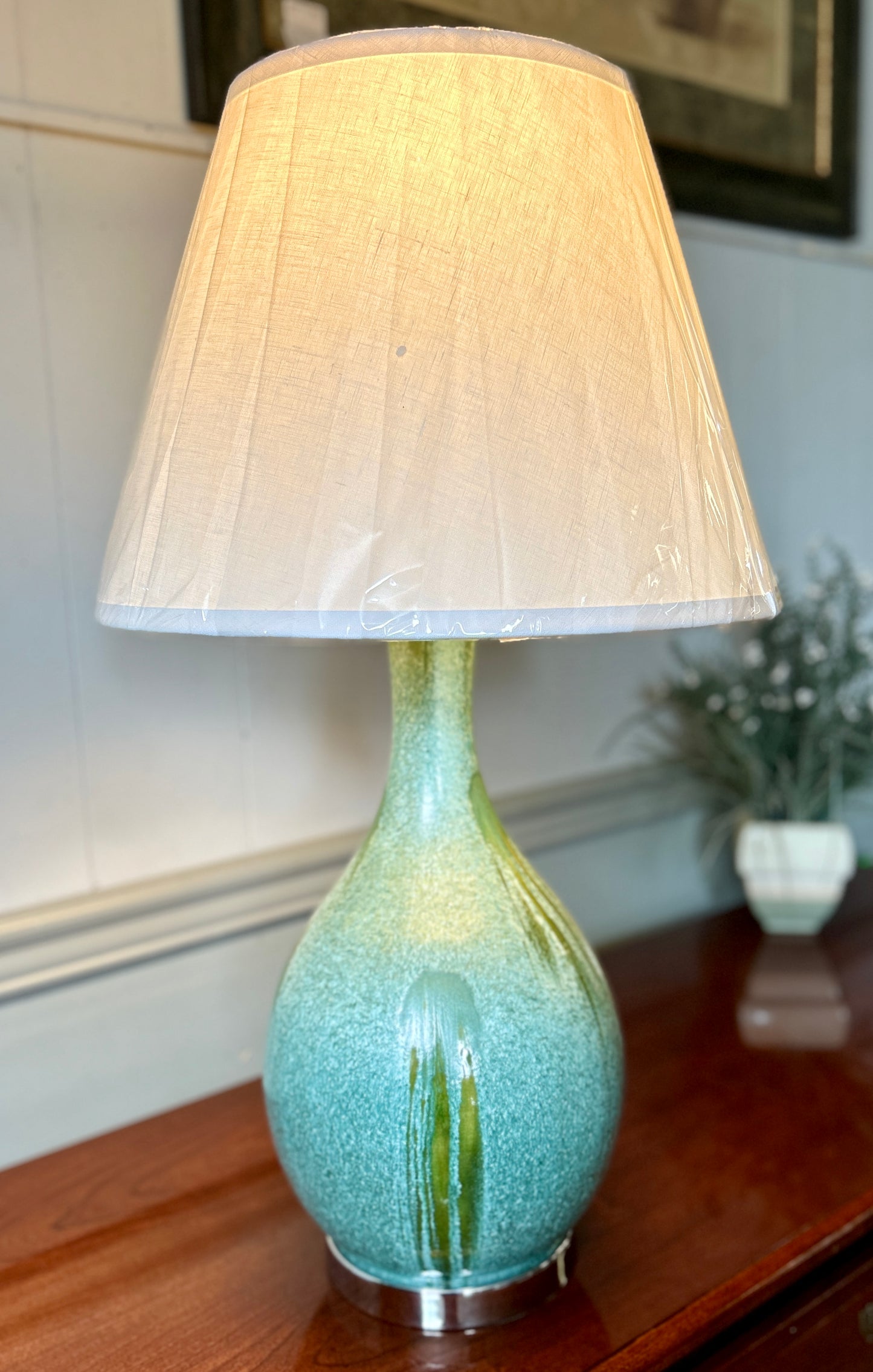 Turquoise, Hand-Glazed Pottery Style Lamp, 30" Tall