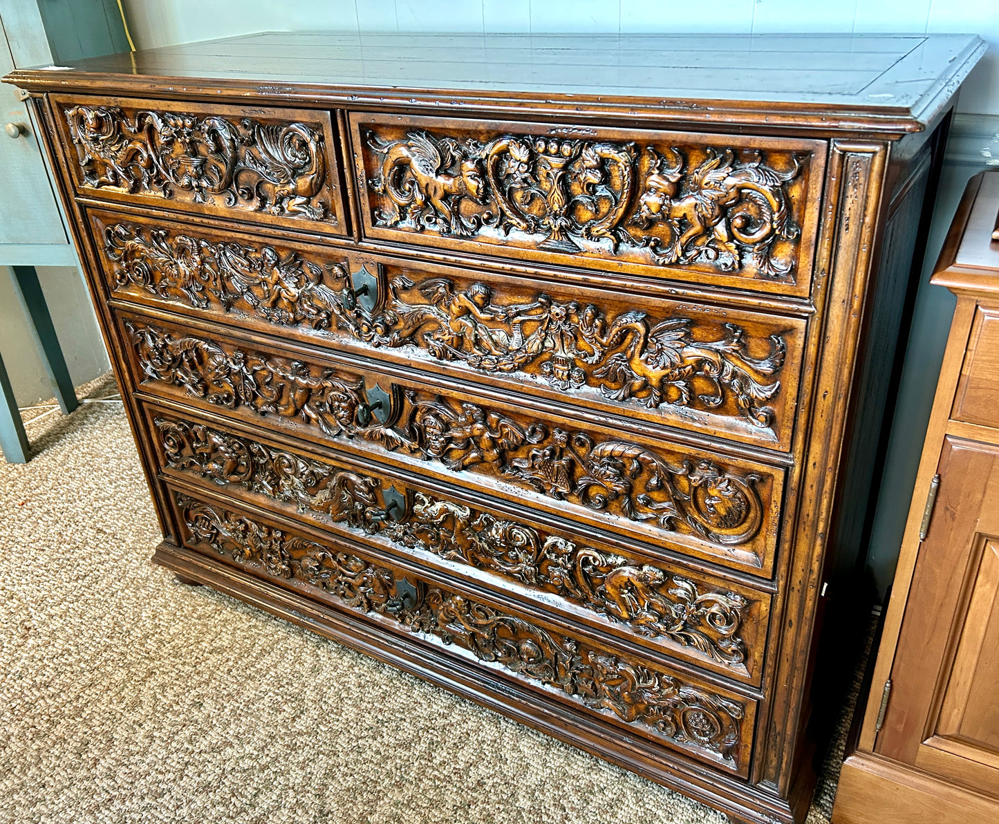 Baroque Chest, 6 Drawer Oak & Walnut Belgian Dresser, 54" Wide