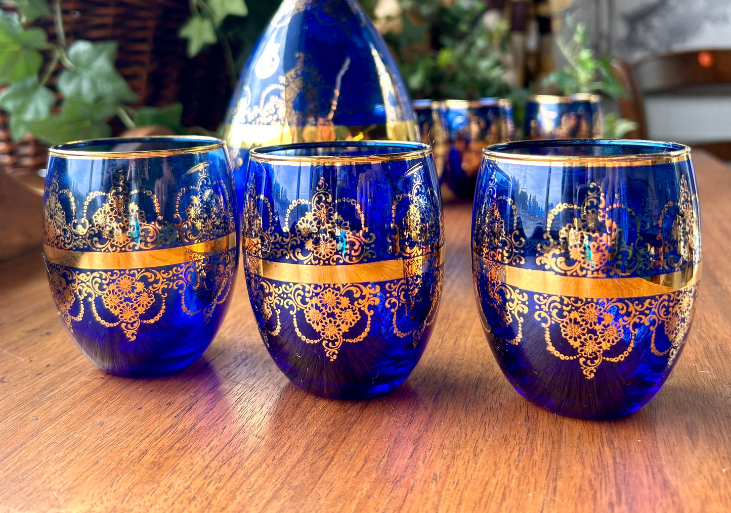 Stunning Murano Glass, Italian Cobalt Blue & Gold Wine Decanter 7 Pc Set, Venezia