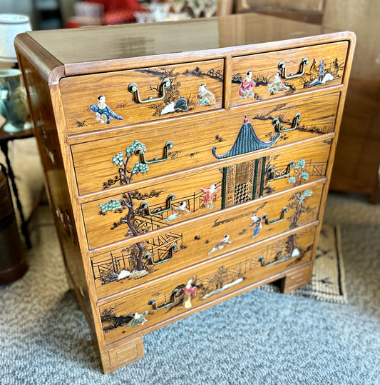 MCM Oriental Chest Of Drawers, Asian Landscapes with Mother of Pearl Inlay, 42" Tall