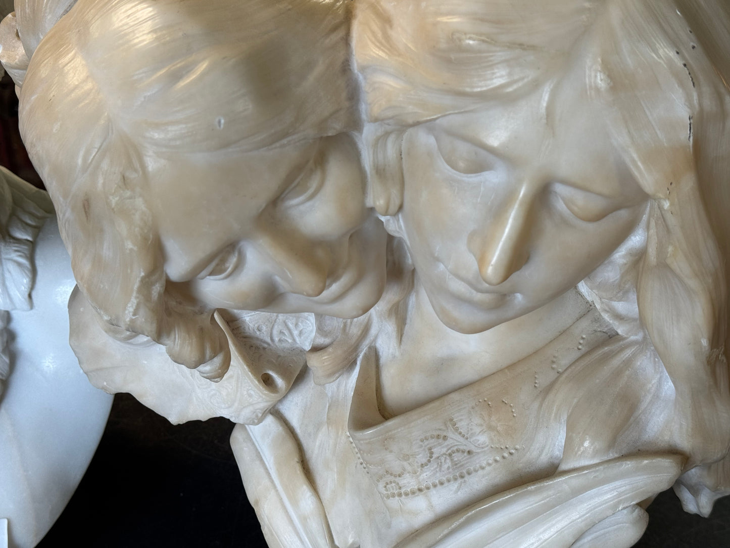 Exquisite Hand-Carved Marble Bust of Mother and Child Embracing