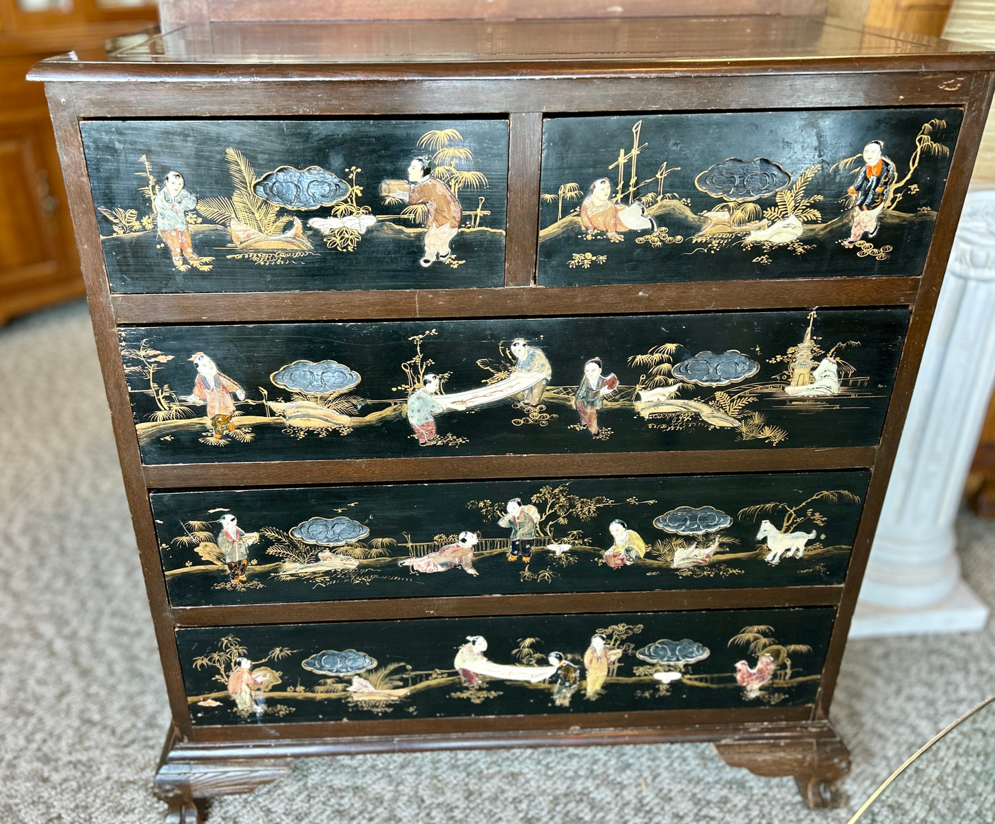 Antique, Oriental Chest Of Drawers, Hand Painted Asian Landscapes w Carved Pulls, 40" Tall Dresser