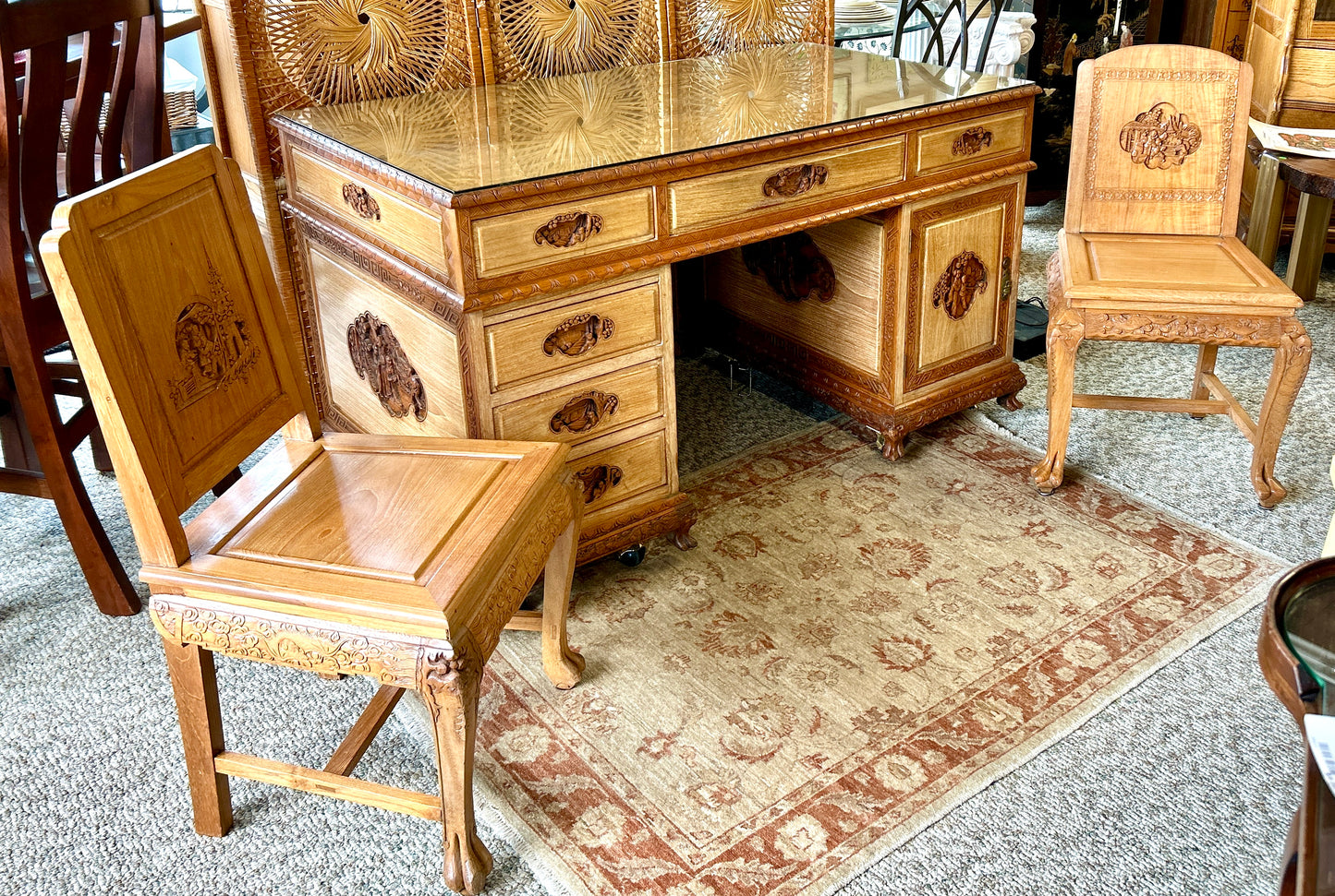 Ornately Carved, Glass-Topped Asian Desk with Two Chairs, Beautiful, Intricately Carved Motifs