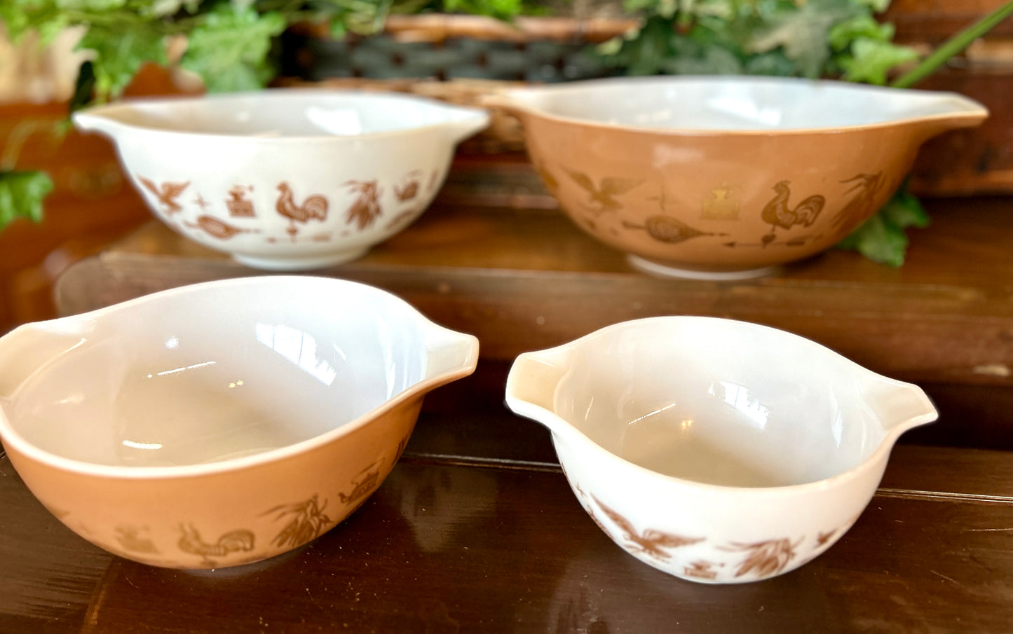 Vintage 1960's Four Piece Pyrex Americana Mixing Bowl Set, Brown & White