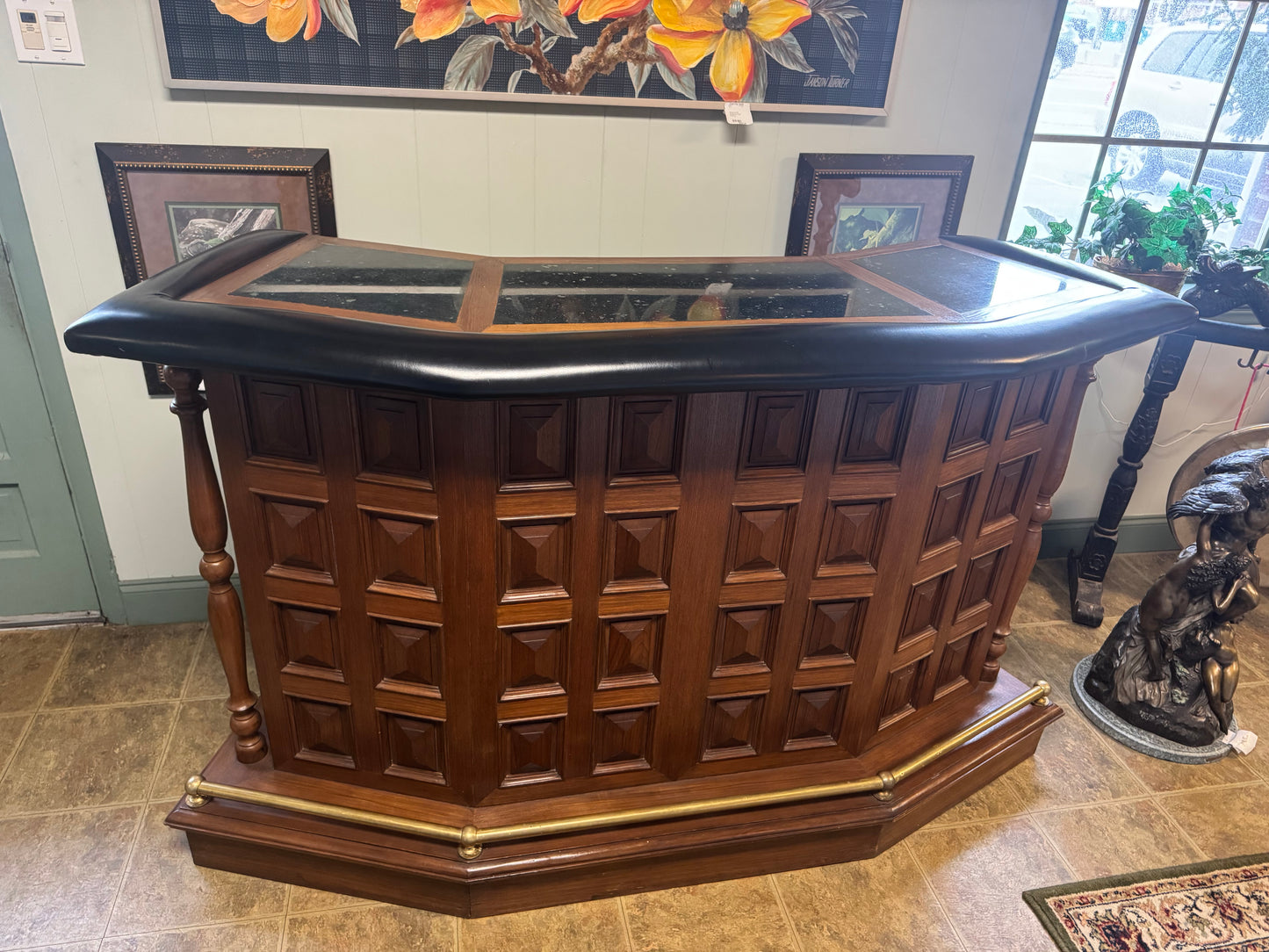 Teak, Marble And Leather Home Bar