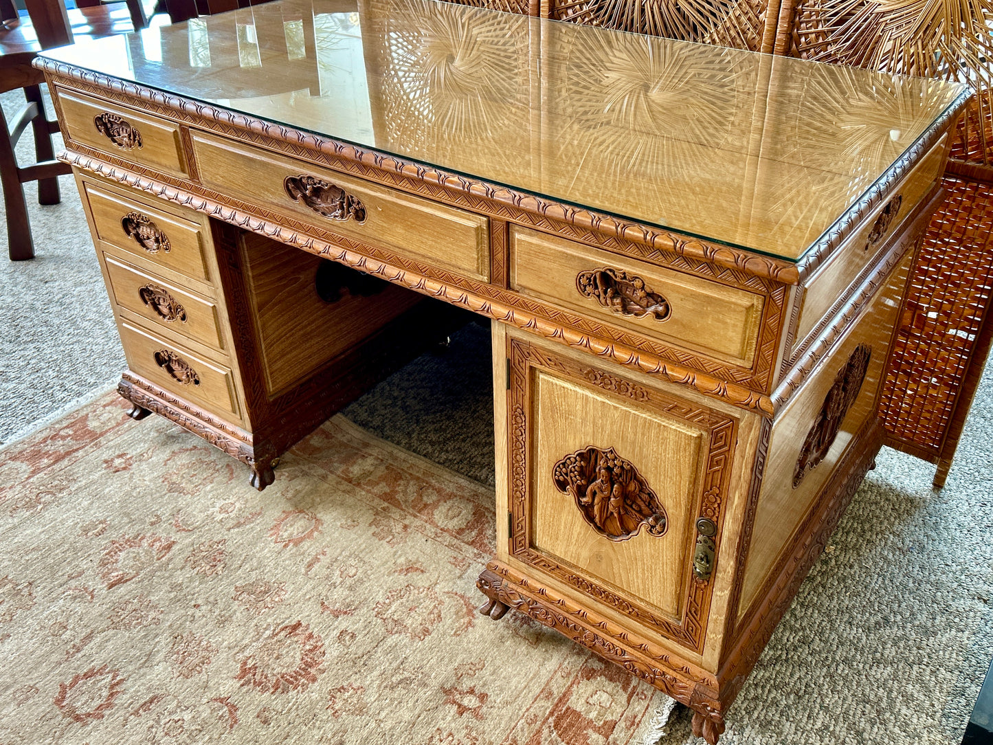 Ornately Carved, Glass-Topped Asian Desk with Two Chairs, Beautiful, Intricately Carved Motifs