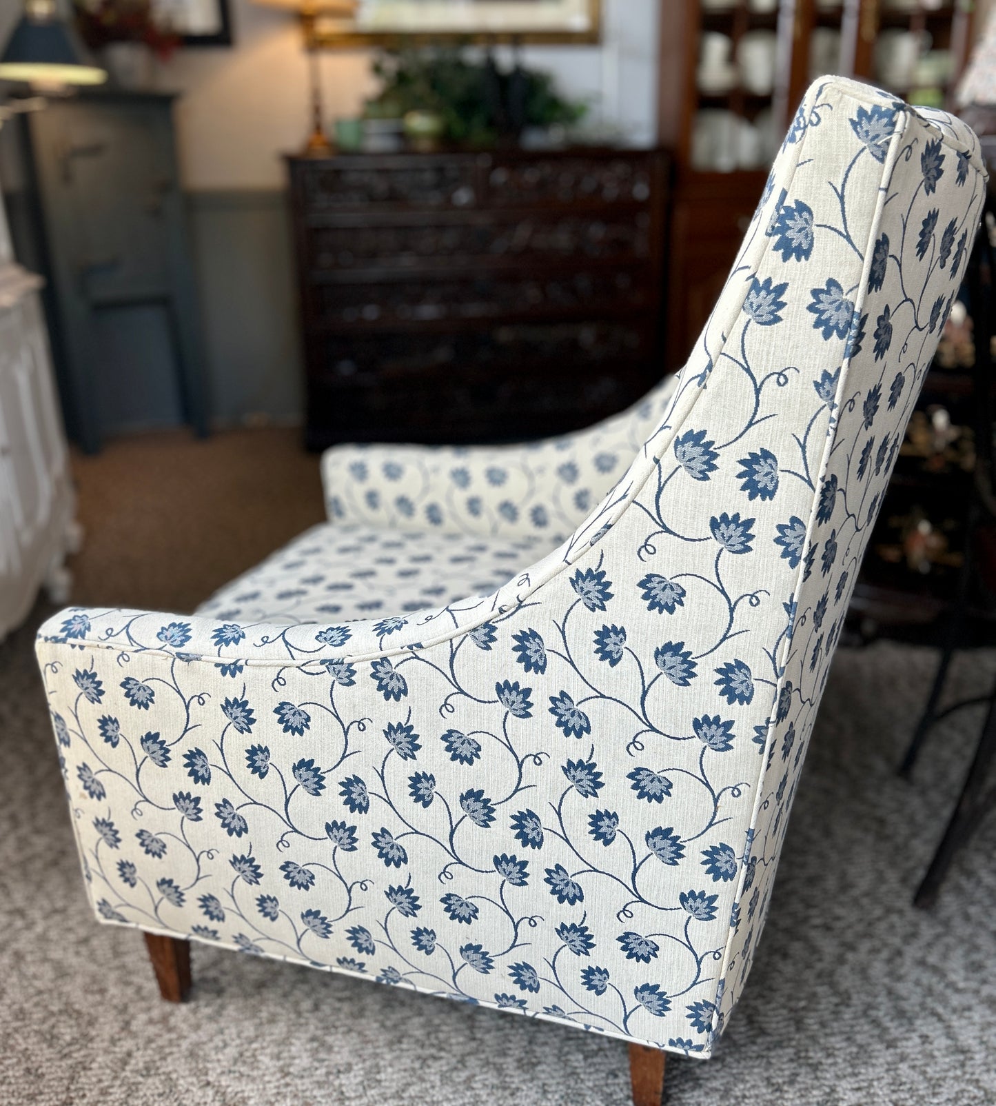 Beautiful Occasional Chair, Ivory and Blue Thistle Flower Upholstery