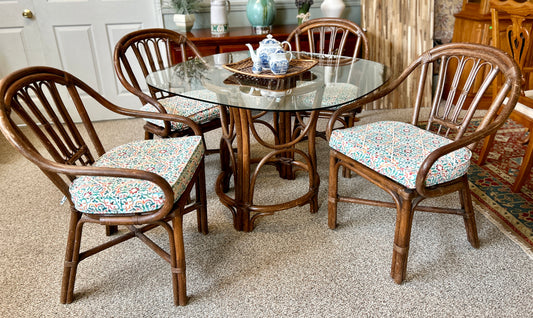 Rattan Dining Table with Glass Top and Four Chairs, 42" Square