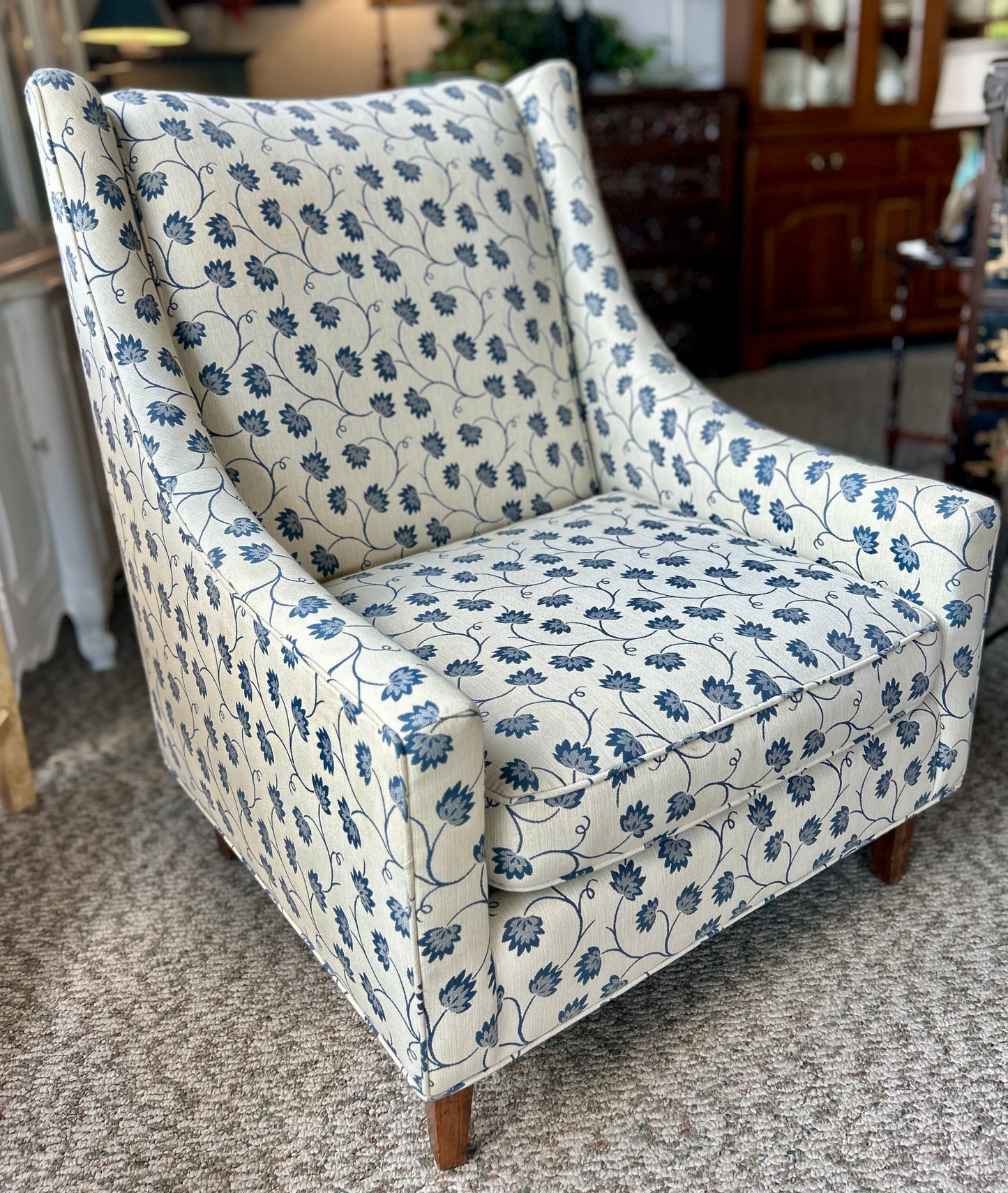 Beautiful Occasional Chair, Ivory and Blue Thistle Flower Upholstery