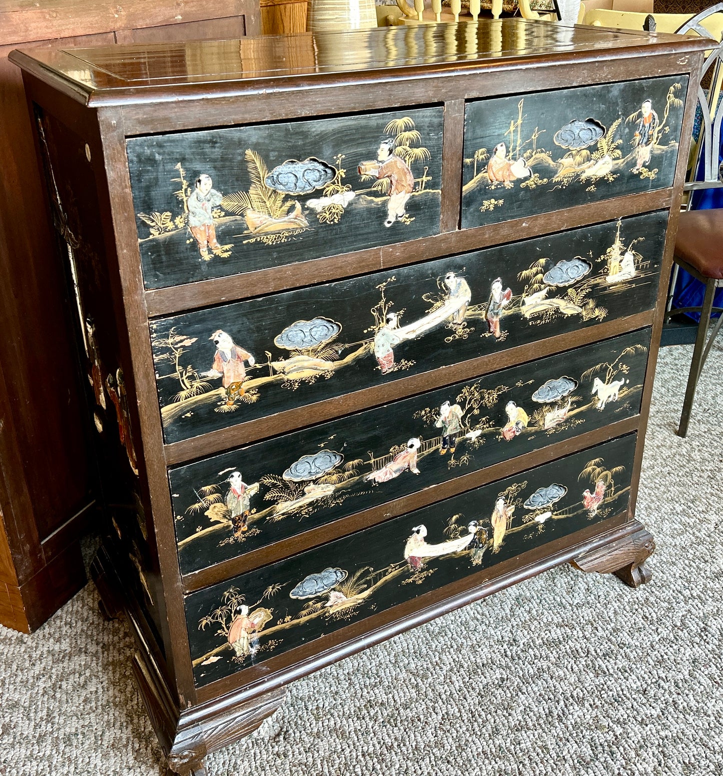 Antique, Oriental Chest Of Drawers, Hand Painted Asian Landscapes w Carved Pulls, 40" Tall Dresser