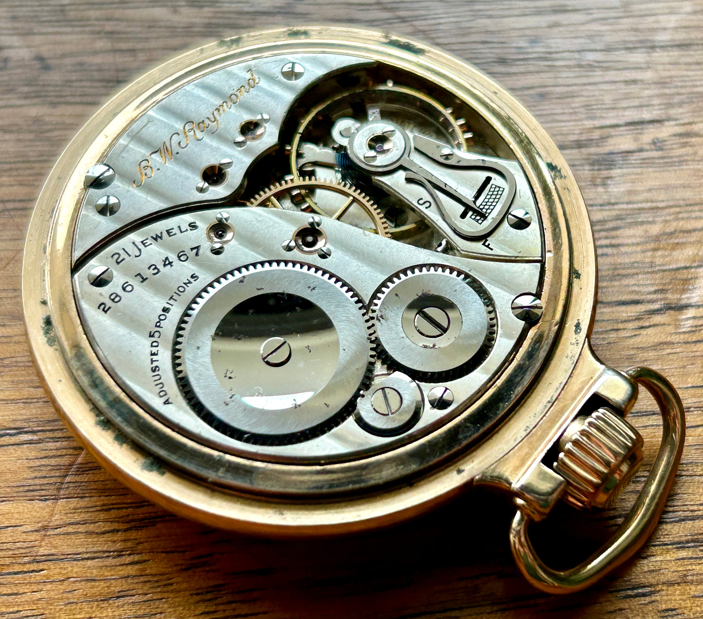 Gold, Size 16 Pocket Watch, 1925 Elgin B.W. Raymond 21 Jewels in 12KGP Star RR Case, Second Hand, Works