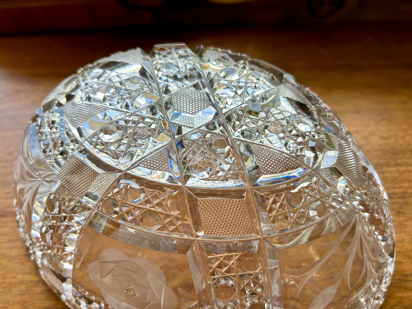 Large, Brilliant Cut Glass Bowl, Oval, 11.25" with Bright, Diamond Point and Fluted Detail