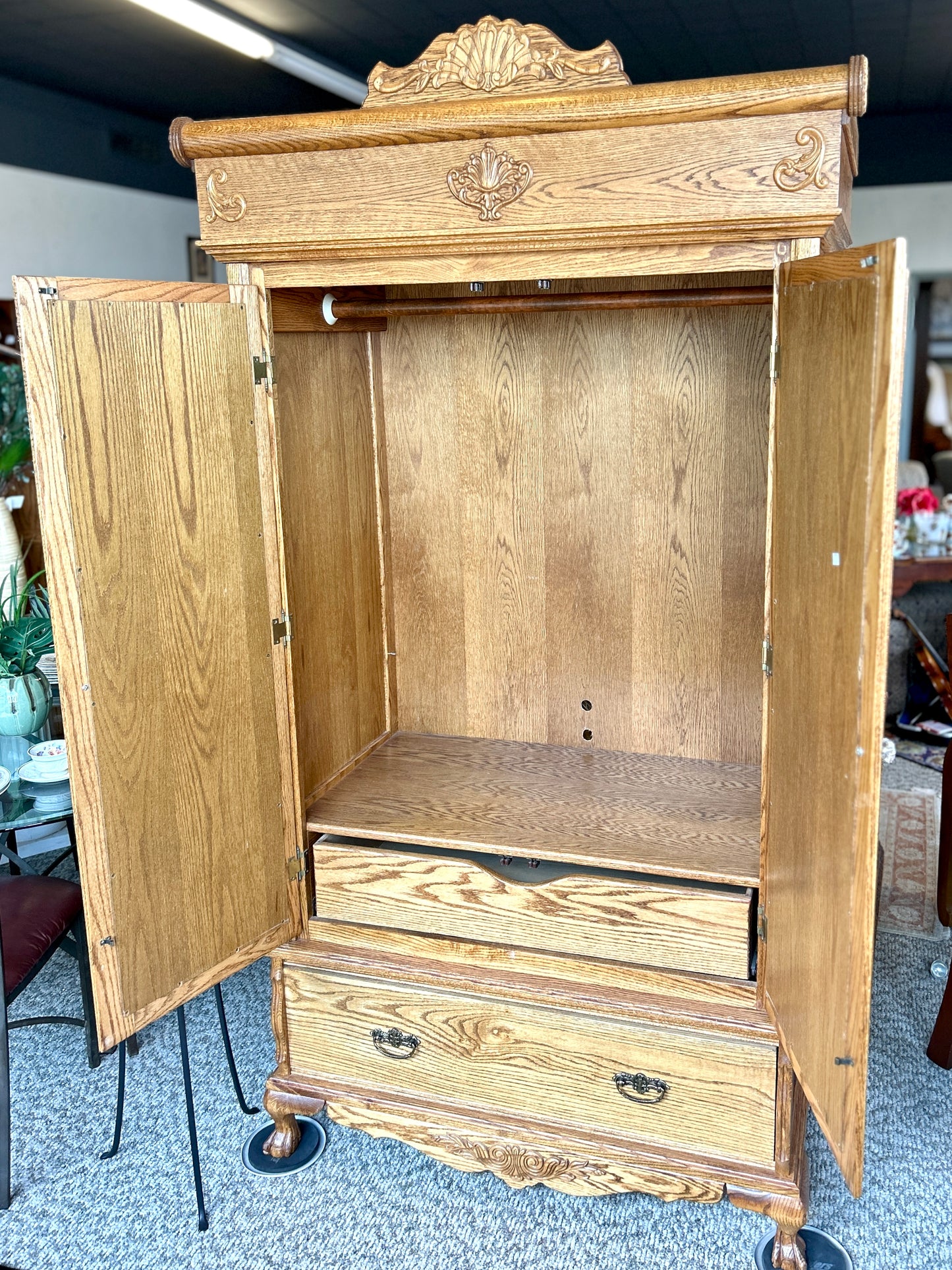 Beautiful, Vintage Oak Armoire with Beveled Glass Mirrors, 86" Tall