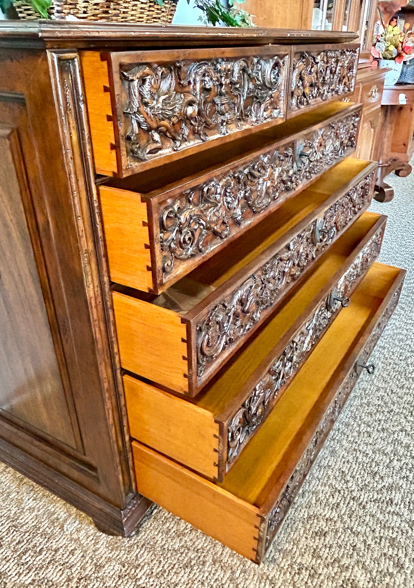 Baroque Chest, 6 Drawer Oak & Walnut Belgian Dresser, 54" Wide