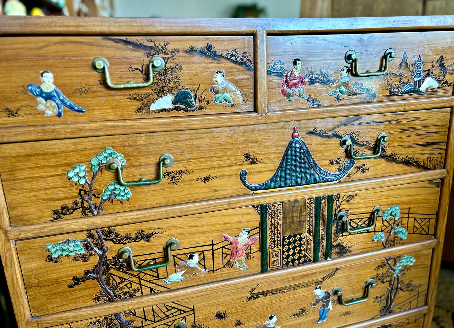 MCM Oriental Chest Of Drawers, Asian Landscapes with Mother of Pearl Inlay, 42" Tall