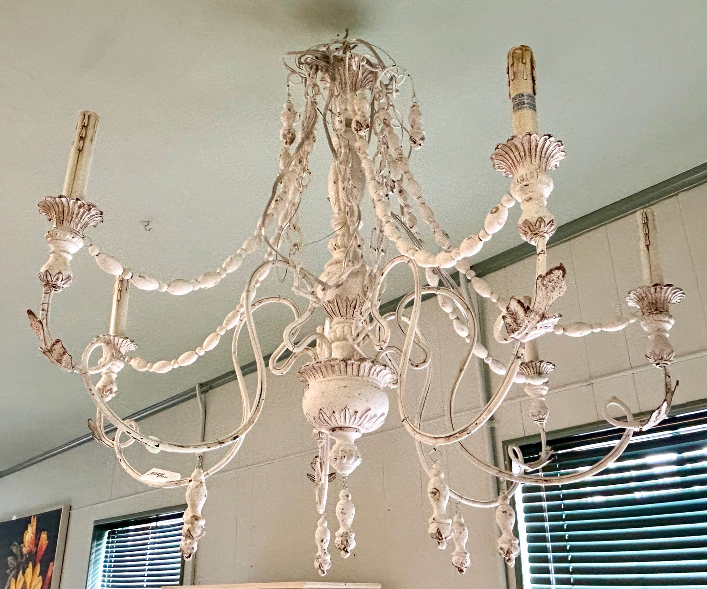 Chandelier, Shabby Chic Wood and Iron Six-Light, Scrolled-Arm Chandelier, 28"