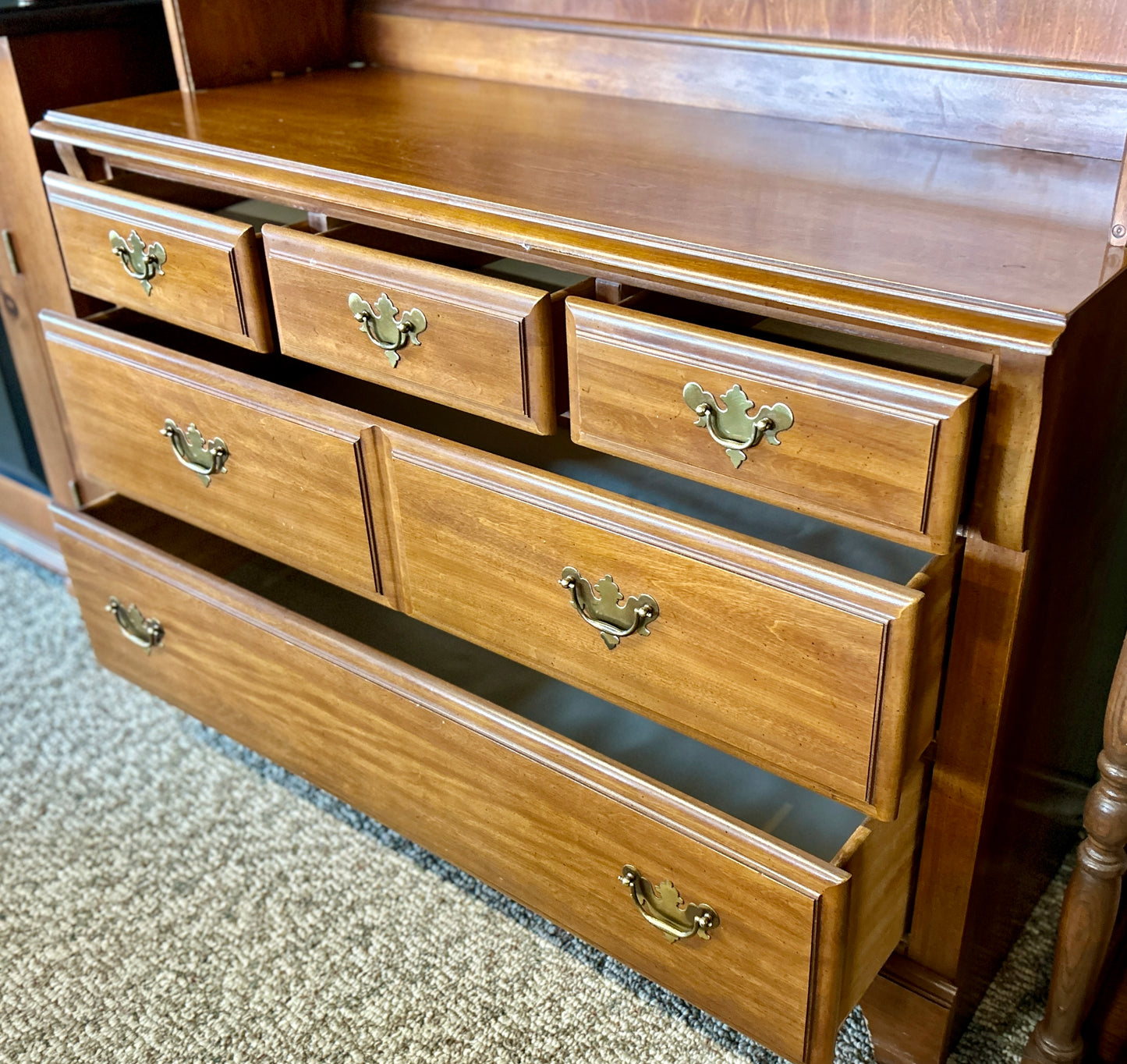 Vintage, Solid Wood Hutch with 5-Drawer Dresser Base and Bookshelves