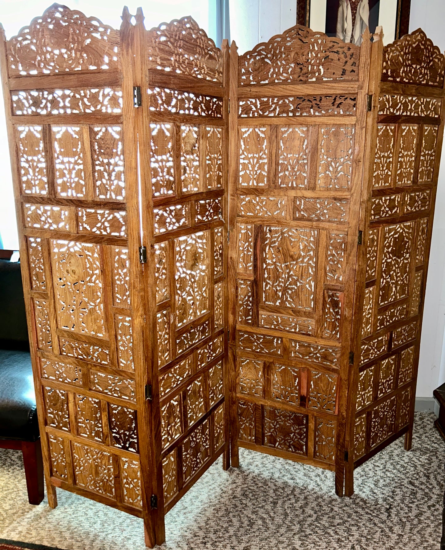 Four-Panel Indian Hand Carved Wooden Screen, 72" H x 80" Wide