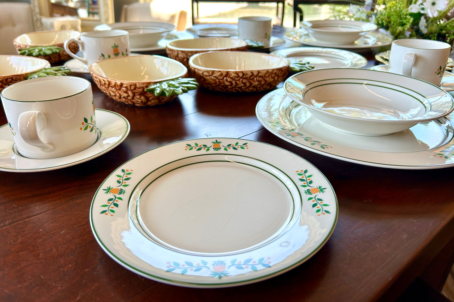 1960s Vintage Pineapple Place Setting For 4, by International Ceramics, 20 Pieces, Plus 4 Accent Bowls and Brass Trivets