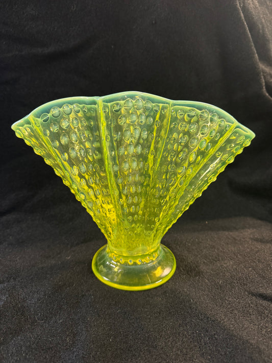 Fenton Hobnail Opalescenat Fanned Footed Uranium Glass