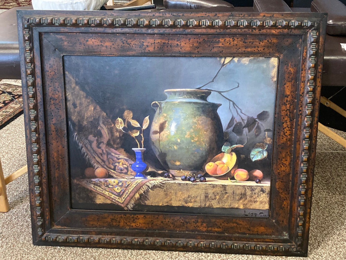 Large Metal Framed Print With Oriental Rug, Fruit, & Pottery Still Life