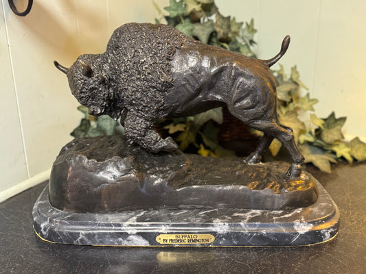 Bronze Sculpture With Marble Base Titled "Buffalo" By Frederic Remington