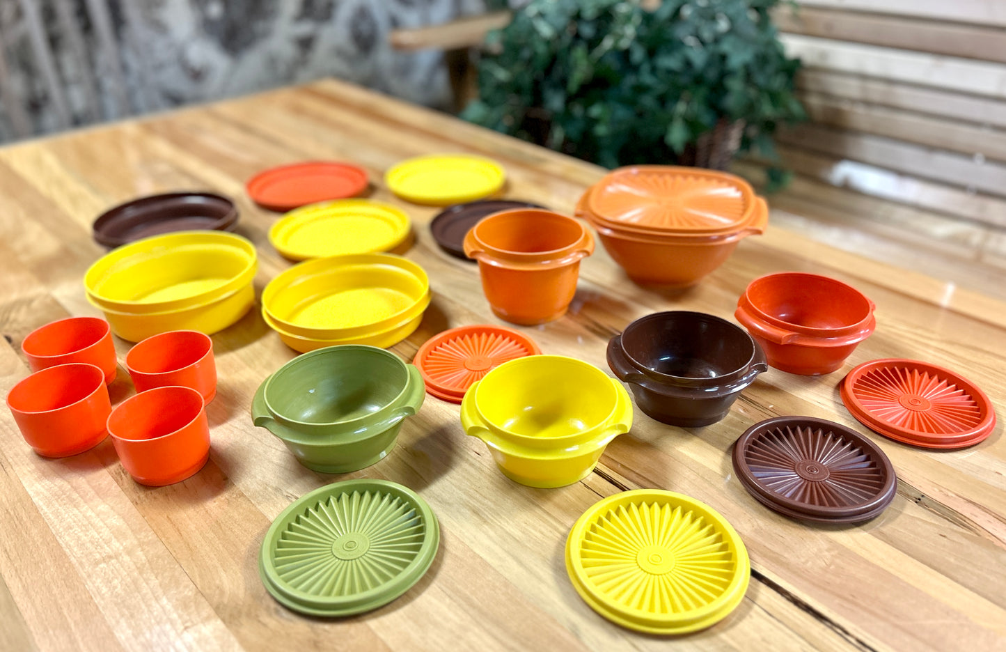 Lot of 22 Vintage Tupperware Containers, Bowls, Plates, Cups and Lids, 1970s Orange, Gold, Avocado