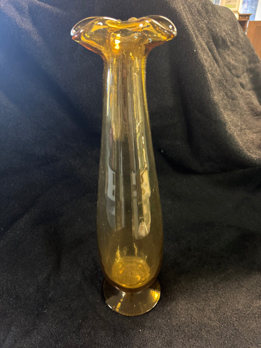 Tall Hand Blown Scallop Edged Amber Glass Vase