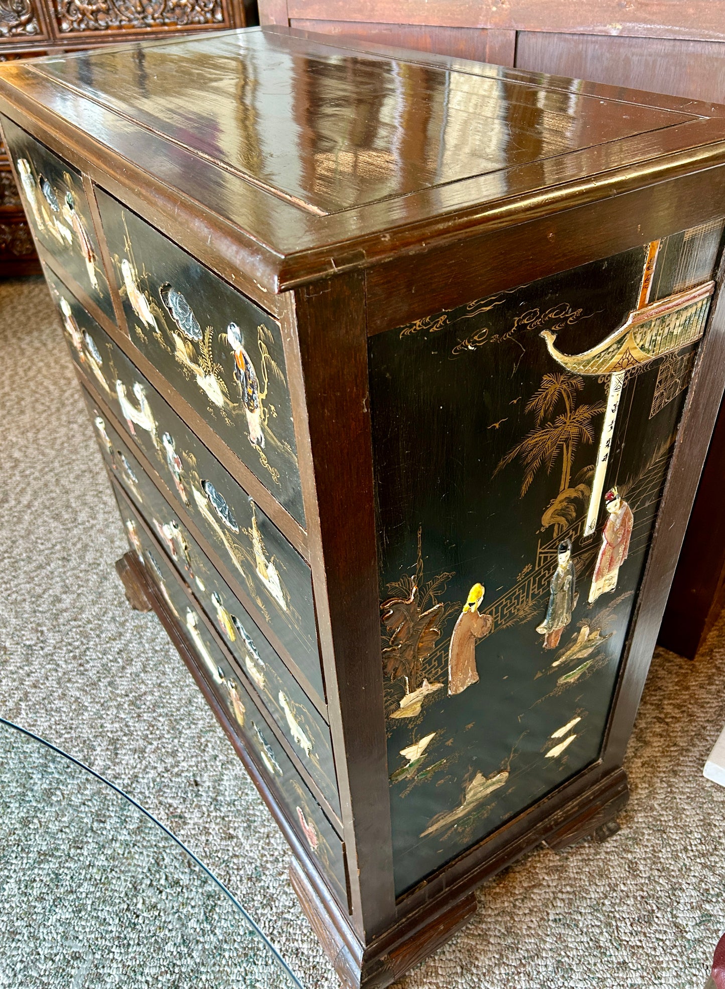 Antique, Oriental Chest Of Drawers, Hand Painted Asian Landscapes w Carved Pulls, 40" Tall Dresser