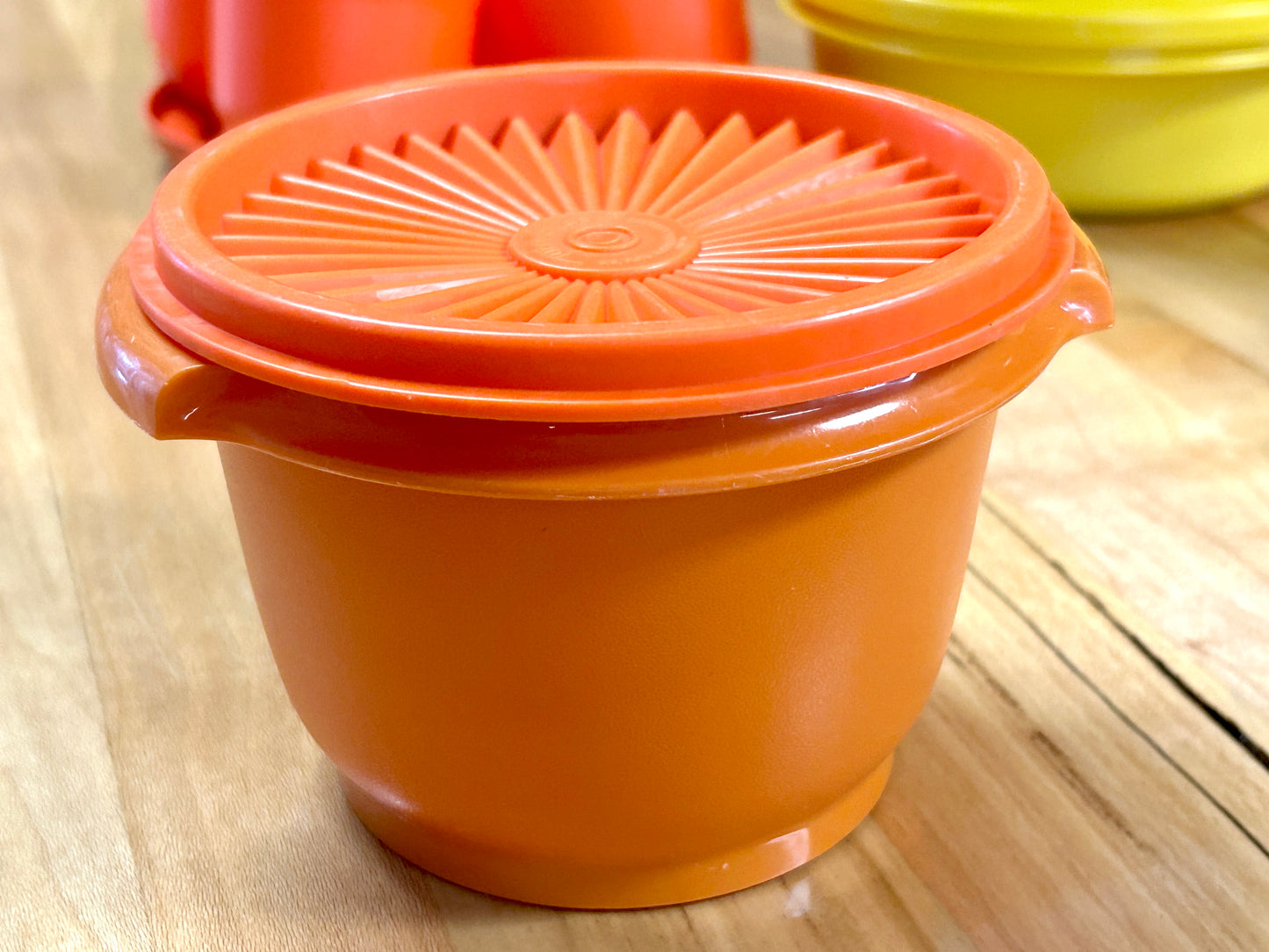 Lot of 22 Vintage Tupperware Containers, Bowls, Plates, Cups and Lids, 1970s Orange, Gold, Avocado