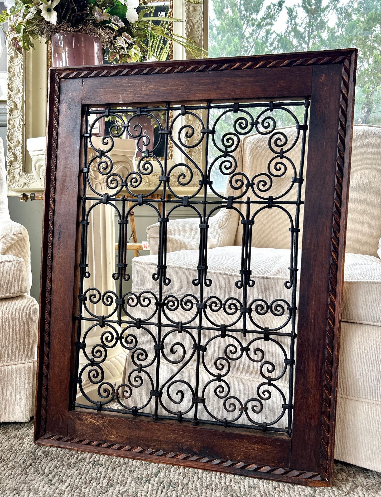 Wrought Iron Decorative Wood Framed Wall Art, 34" x 26"