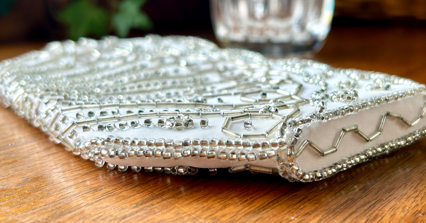 Vintage Beaded Clutch, 1950s La Regale White Satin Purse w Silver Beading, 8"Long