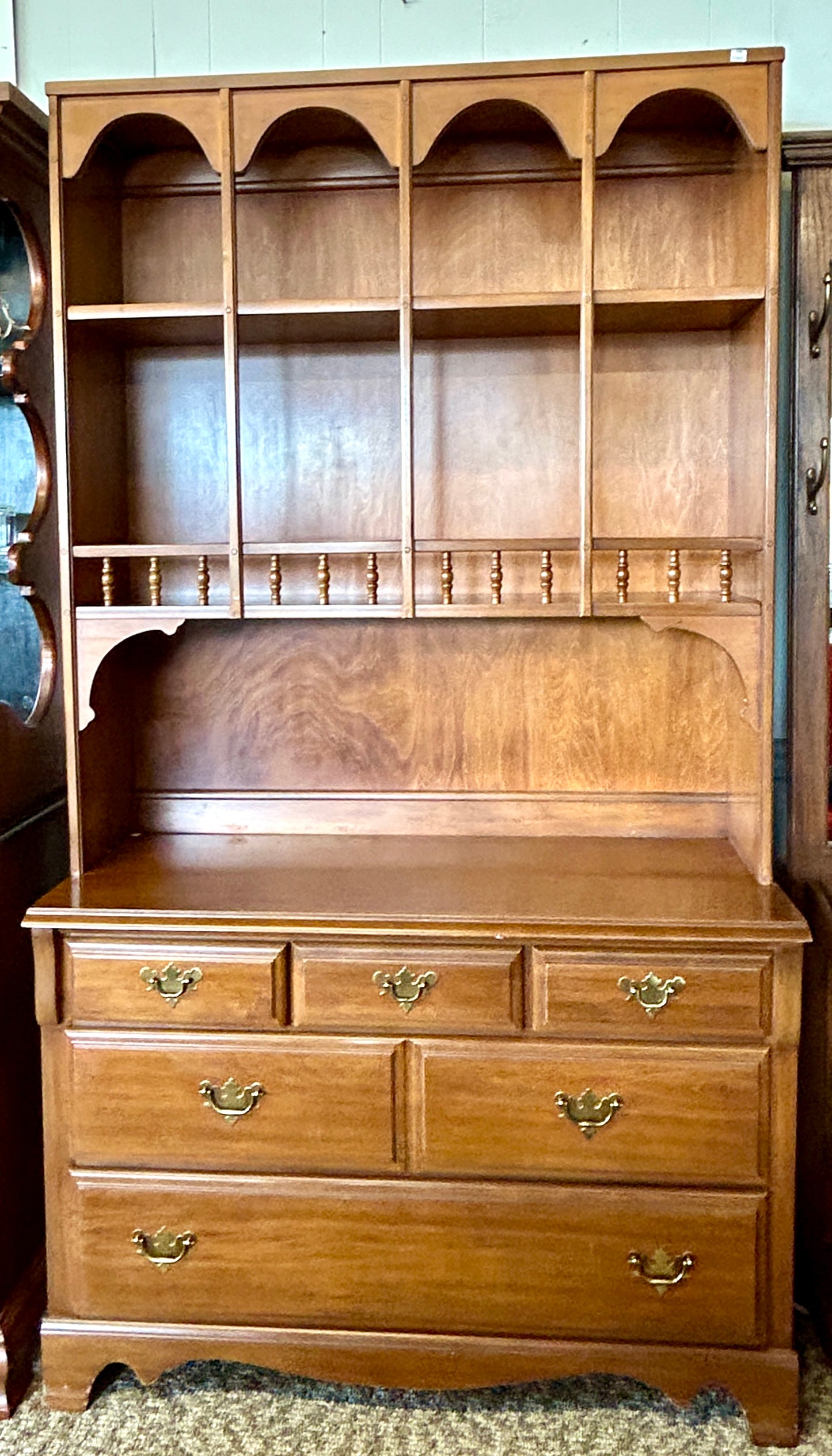 Vintage, Solid Wood Hutch with 5-Drawer Dresser Base and Bookshelves