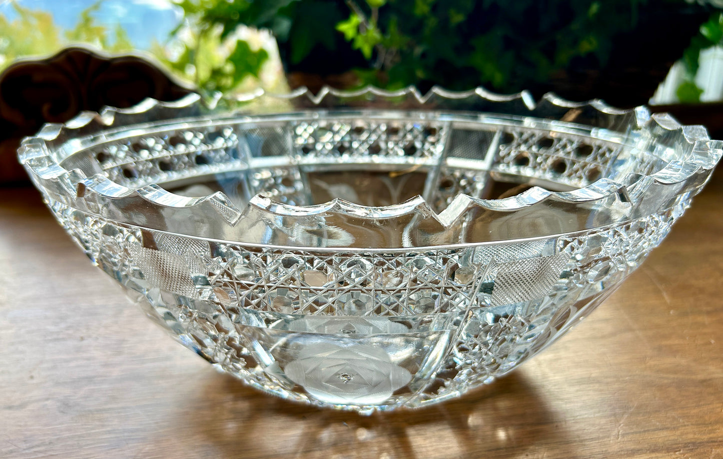 Large, Brilliant Cut Glass Bowl, Oval, 11.25" with Bright, Diamond Point and Fluted Detail