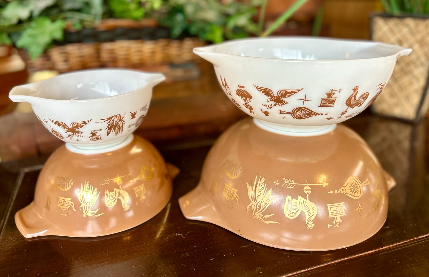 Vintage 1960's Four Piece Pyrex Americana Mixing Bowl Set, Brown & White