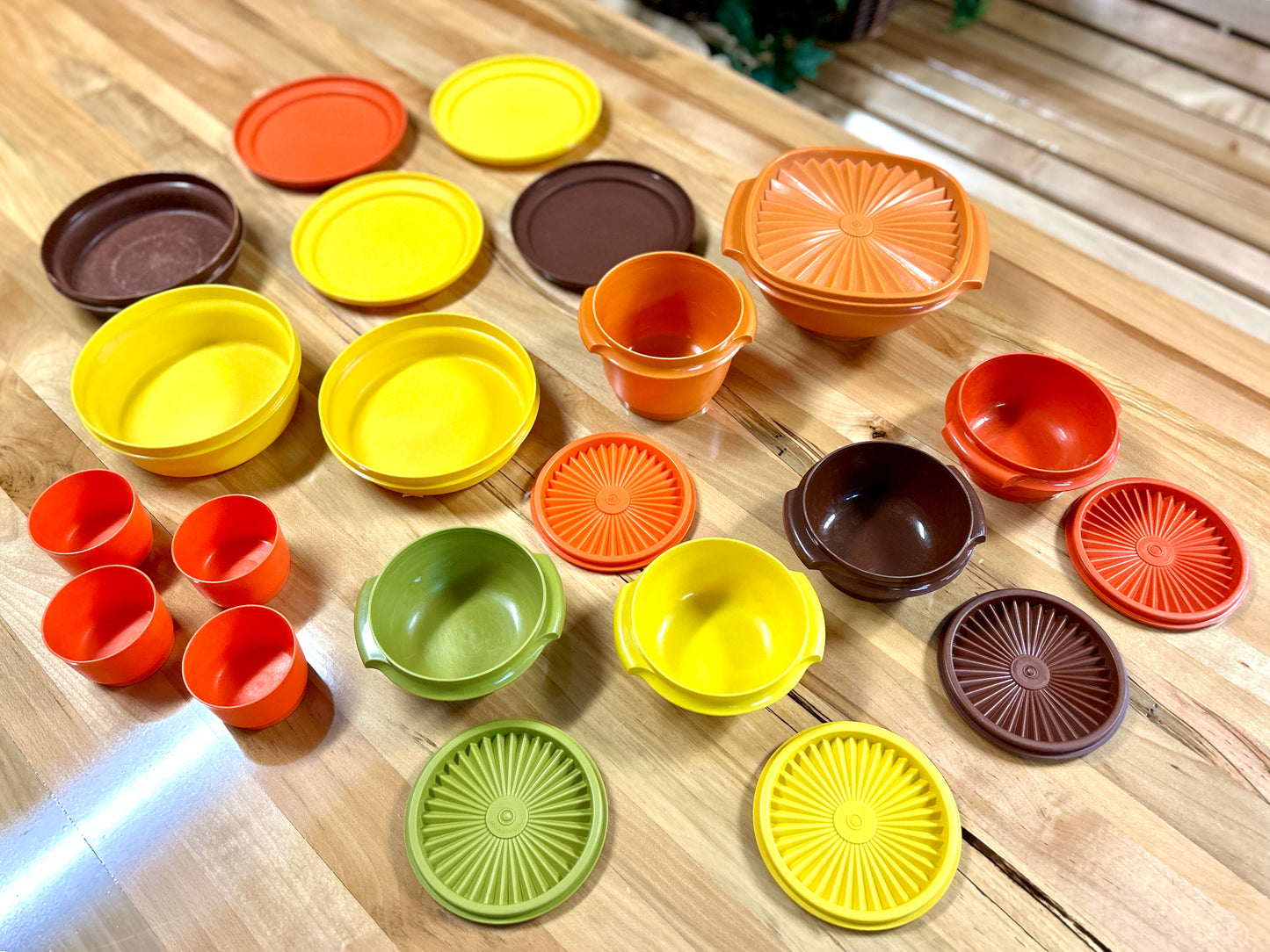 Lot of 22 Vintage Tupperware Containers, Bowls, Plates, Cups and Lids, 1970s Orange, Gold, Avocado