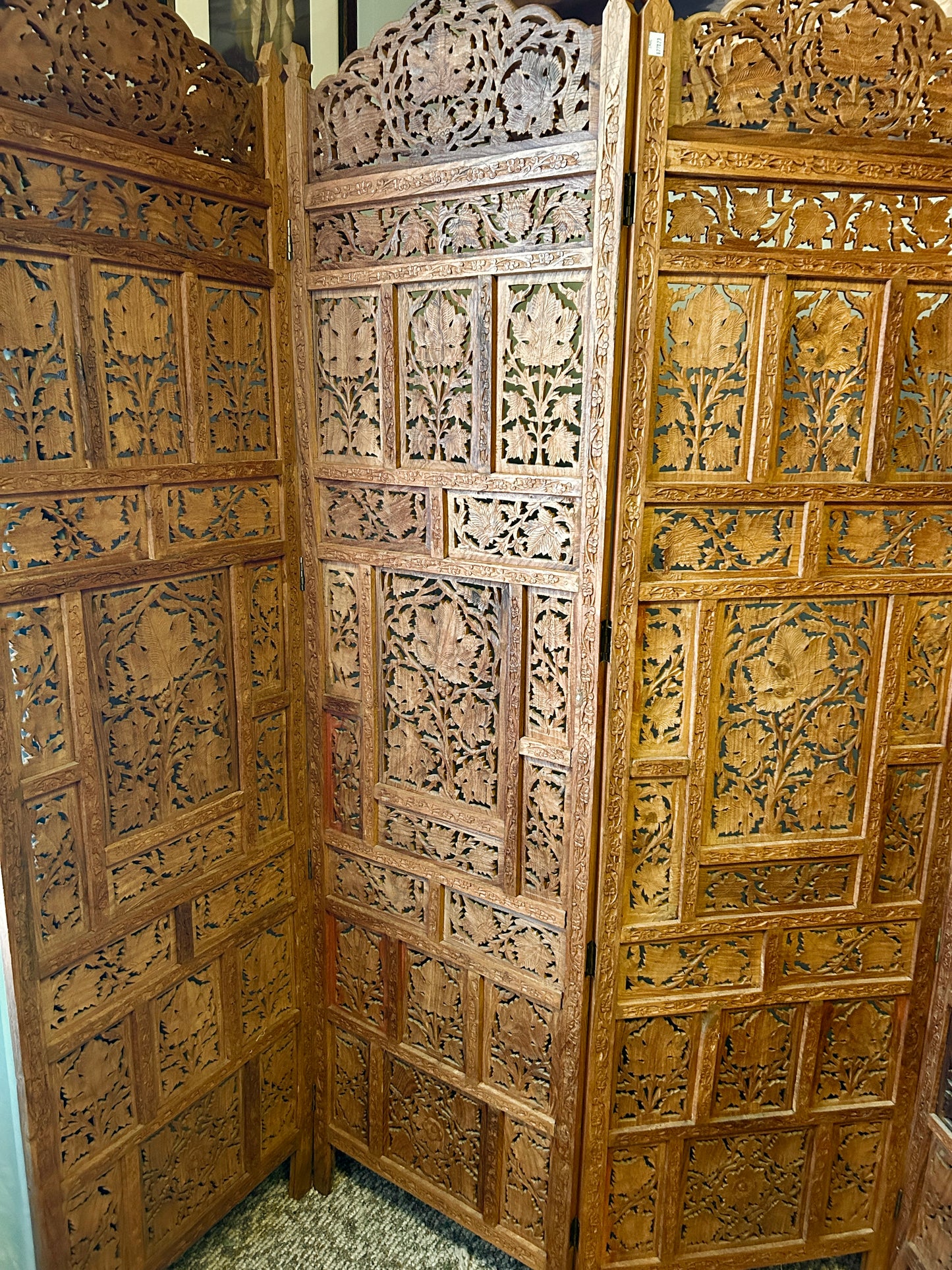 Four-Panel Indian Hand Carved Wooden Screen, 72" H x 80" Wide