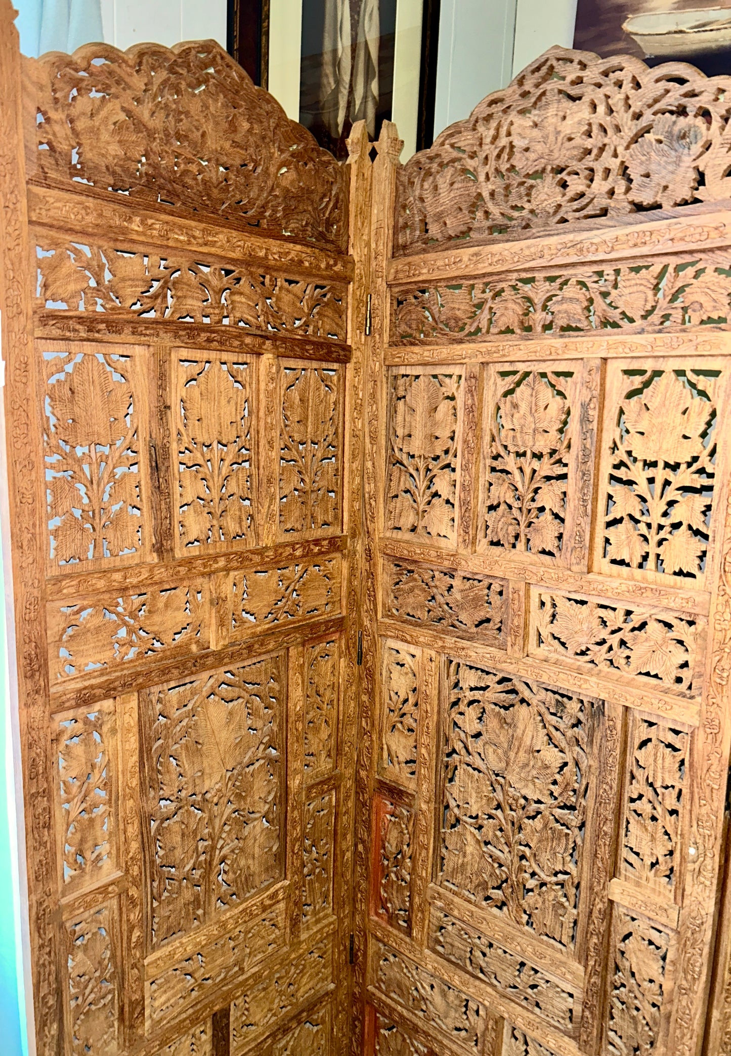 Four-Panel Indian Hand Carved Wooden Screen, 72" H x 80" Wide