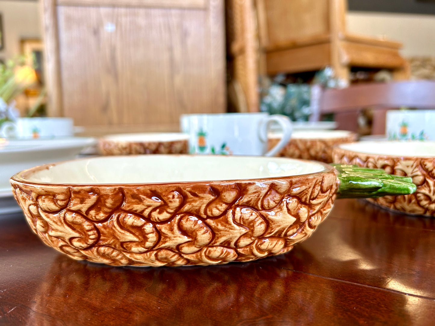 1960s Vintage Pineapple Place Setting For 4, by International Ceramics, 20 Pieces, Plus 4 Accent Bowls and Brass Trivets