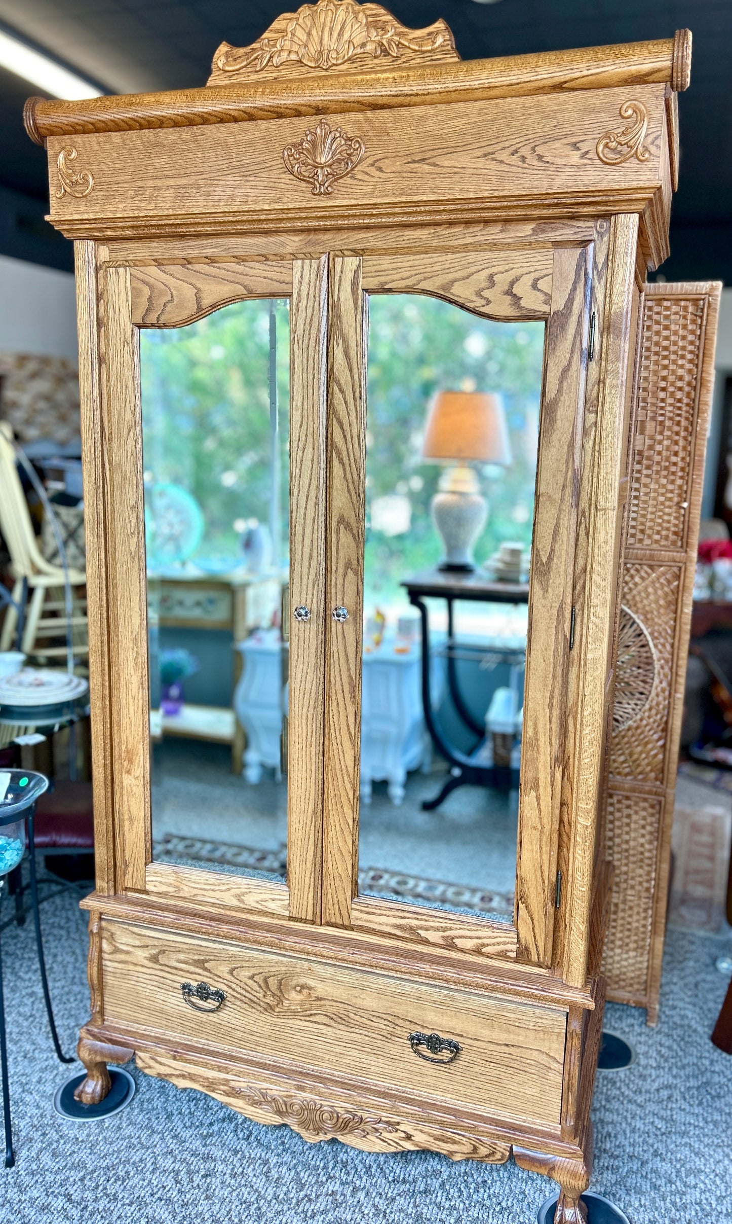 Beautiful, Vintage Oak Armoire with Beveled Glass Mirrors, 86" Tall