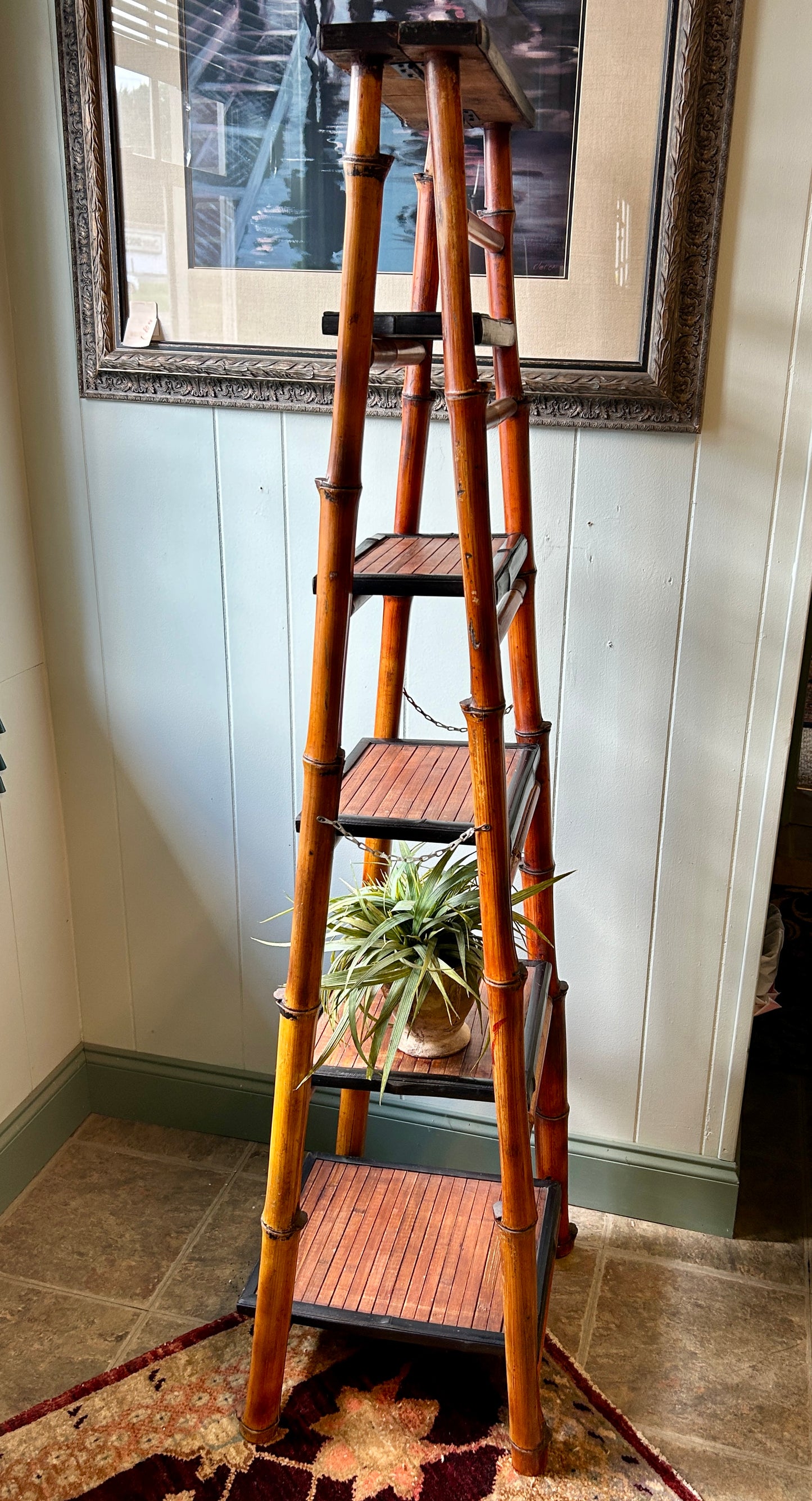 Five Tier Bamboo Ladder Shelf, 61" Tall, Folding étagère