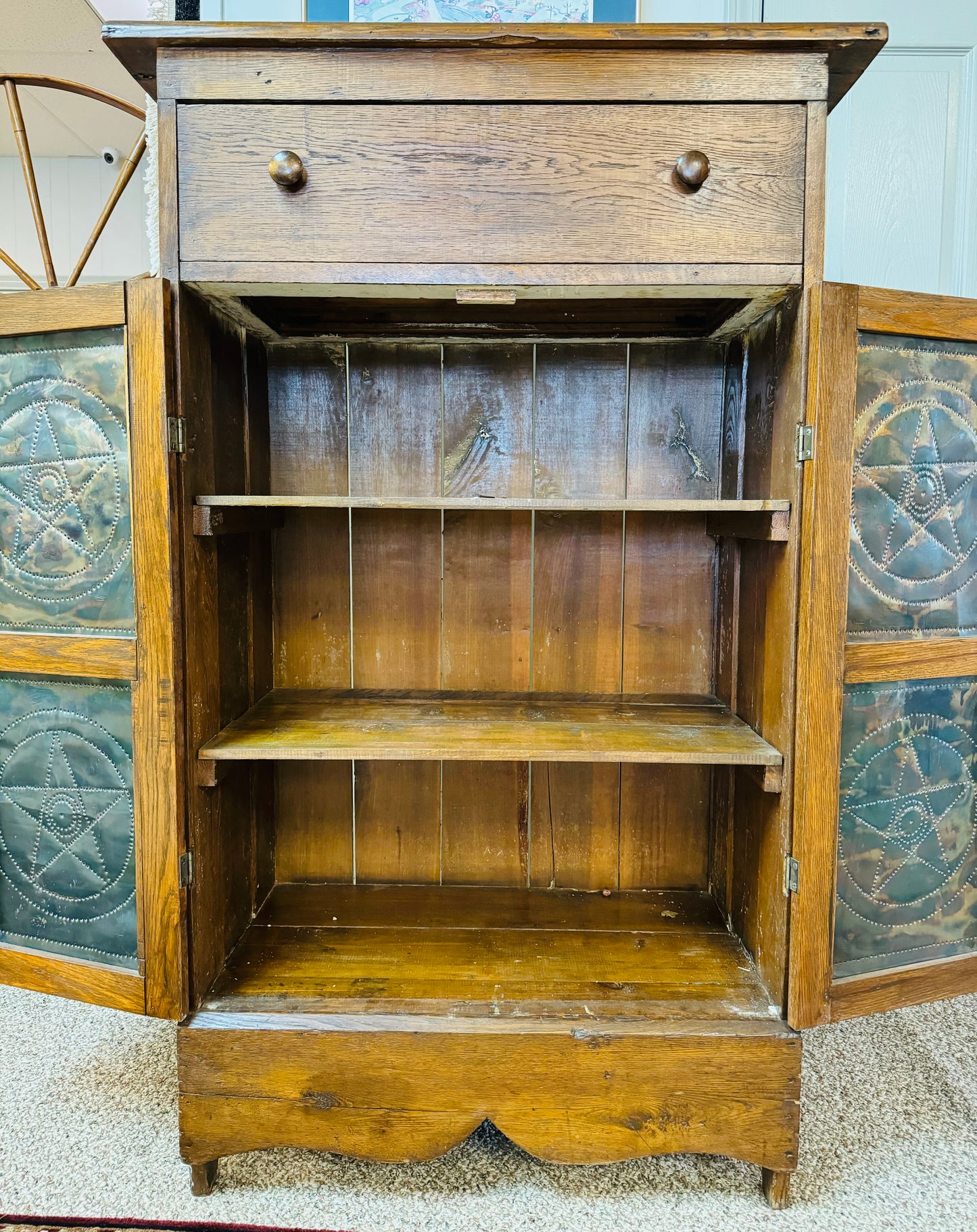 Antique Pie Safe With Push Tin Primitive Star Doors