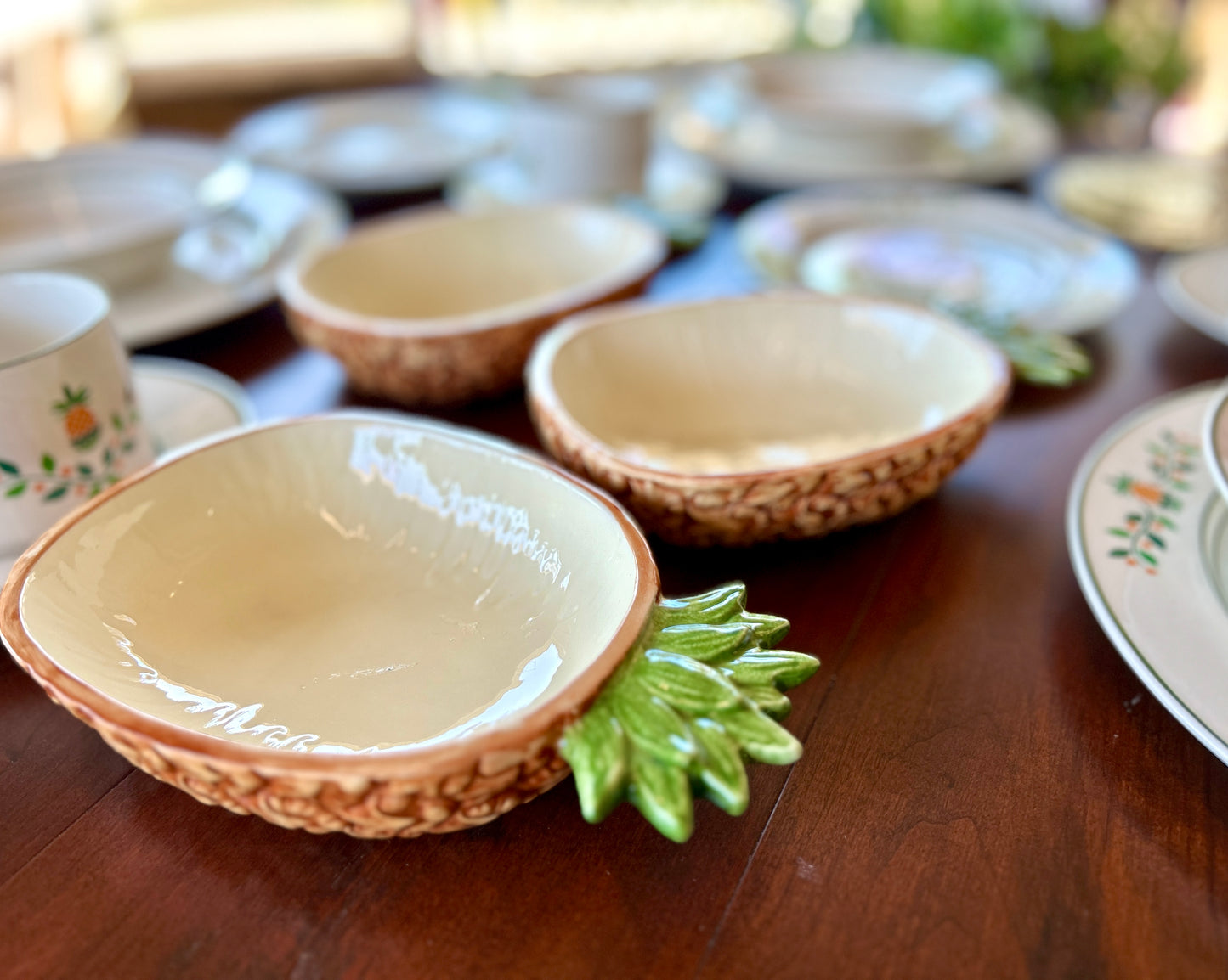 1960s Vintage Pineapple Place Setting For 4, by International Ceramics, 20 Pieces, Plus 4 Accent Bowls and Brass Trivets