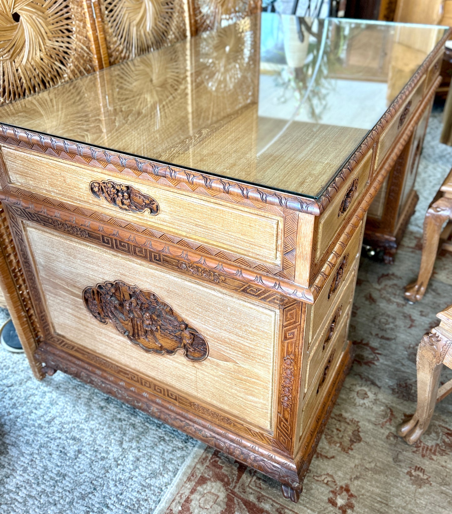 Ornately Carved, Glass-Topped Asian Desk with Two Chairs, Beautiful, Intricately Carved Motifs