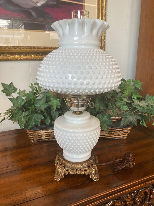 Milk Glass Hobnail Double Globe Table Lamp