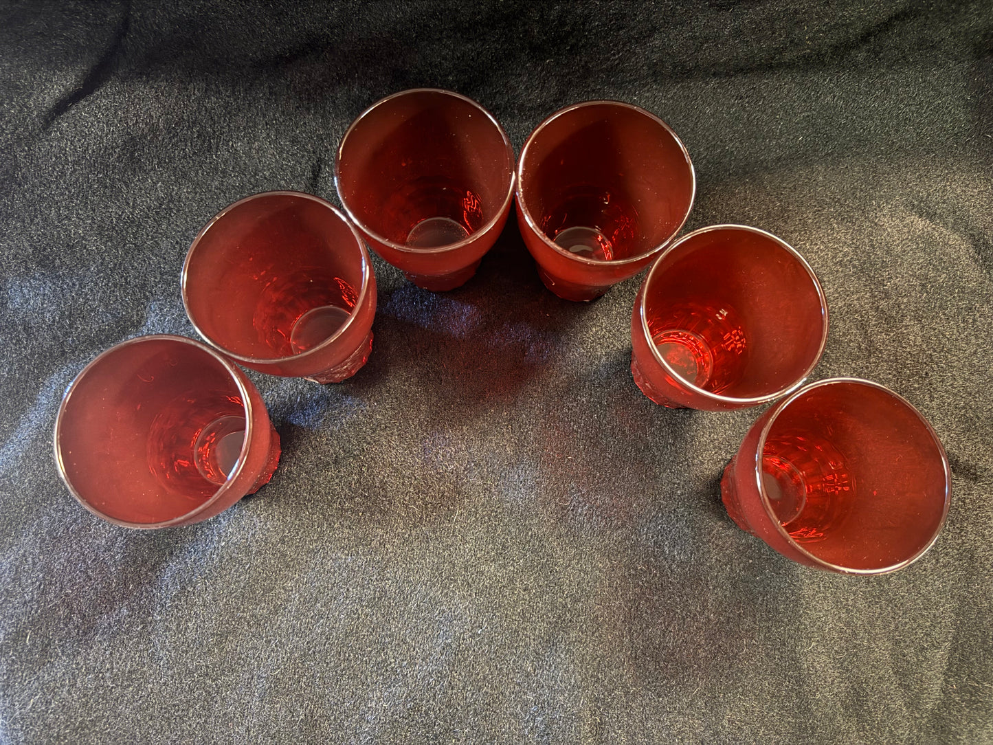 Vintage Red Glass Pitcher With Six Glasses & Two Bowls